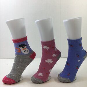 Womens Crew Socks Set 3 Snowman Clover Cherry Heart Print Dots Gray Pink Blue
